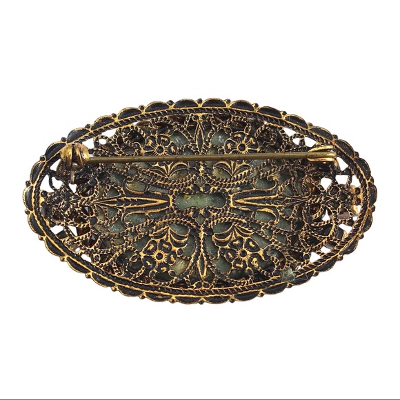 Vintage Nephrite Jade Brass Brooch Large Oval Cabochon with Green Glass Stones - Picture 5 of 5